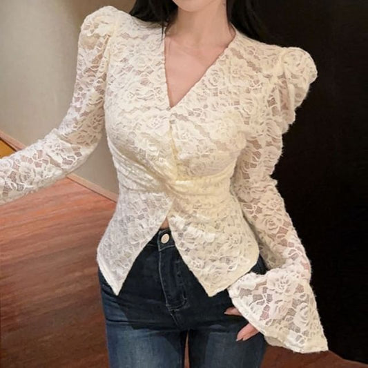 V-Neck Lace Twist Front Blouse