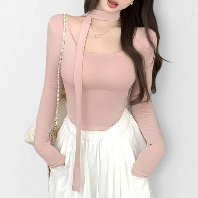 Scoop Neck Slim Crop Tee with Scarf Set