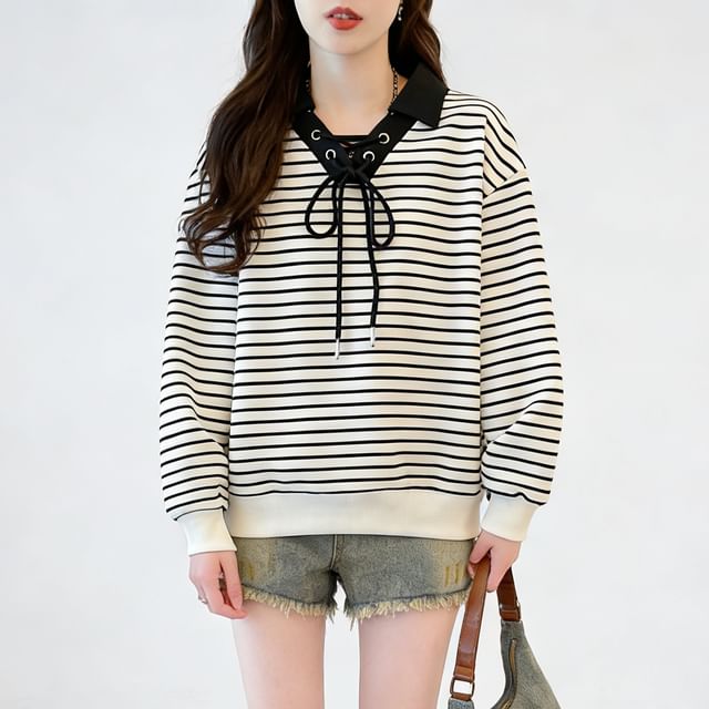 Striped Contrast Collar Lace-Up Sweater