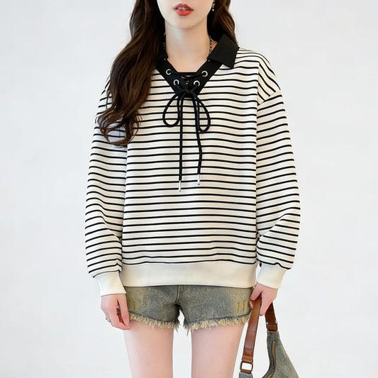 Striped Contrast Collar Lace-Up Sweater