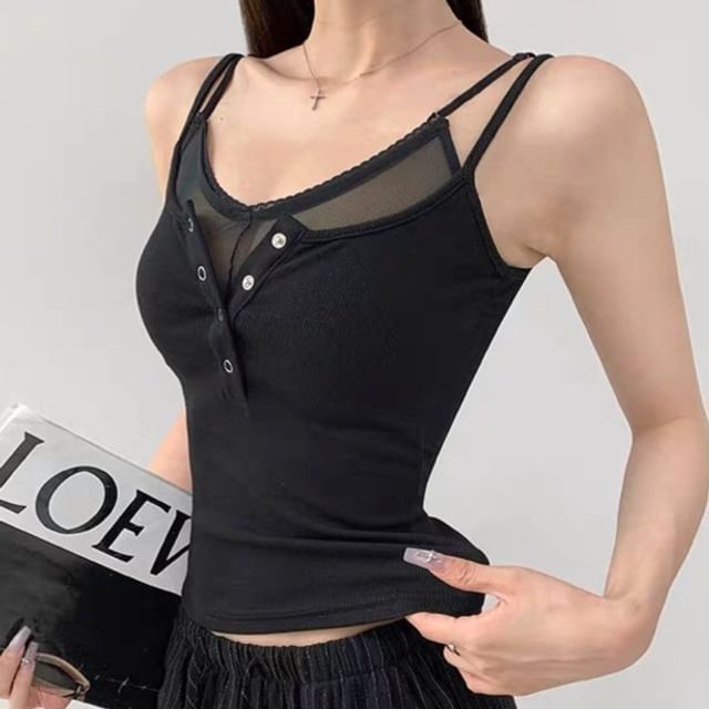 Mock Two Piece Lace Trim Henley Camisole