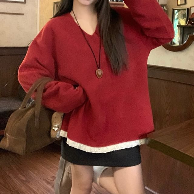 V-Neck Eyelet Lace Trim Sweater