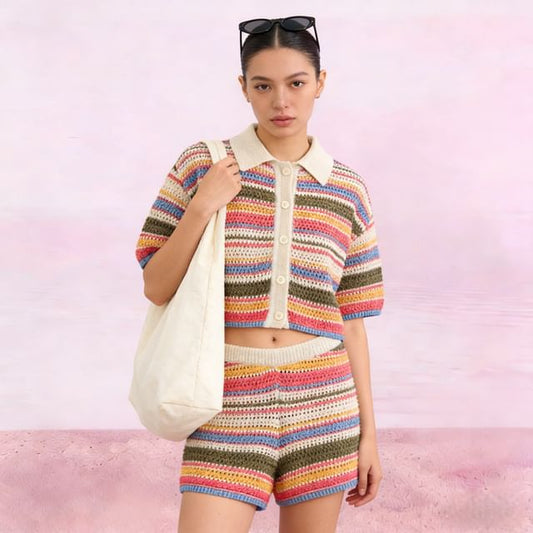 Striped Button Up Knit Top And Mid Rise Shorts