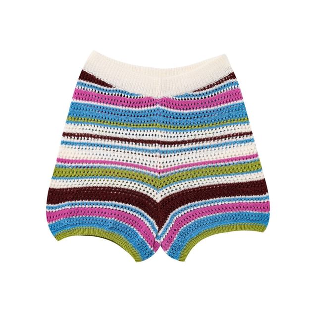 Striped Button Up Knit Top And Mid Rise Shorts
