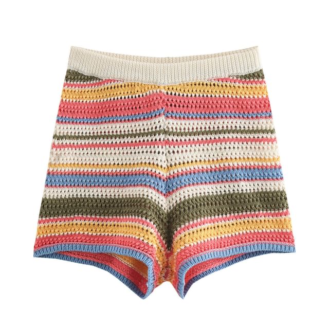 Striped Button Up Knit Top And Mid Rise Shorts