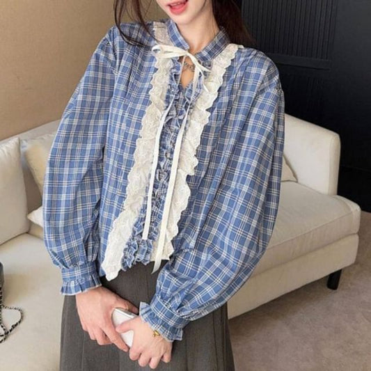 Stand Collar Plaid Lace Frill Tie Front Blouse