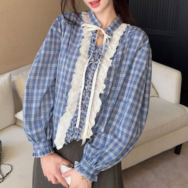 Stand Collar Plaid Lace Frill Tie Front Blouse