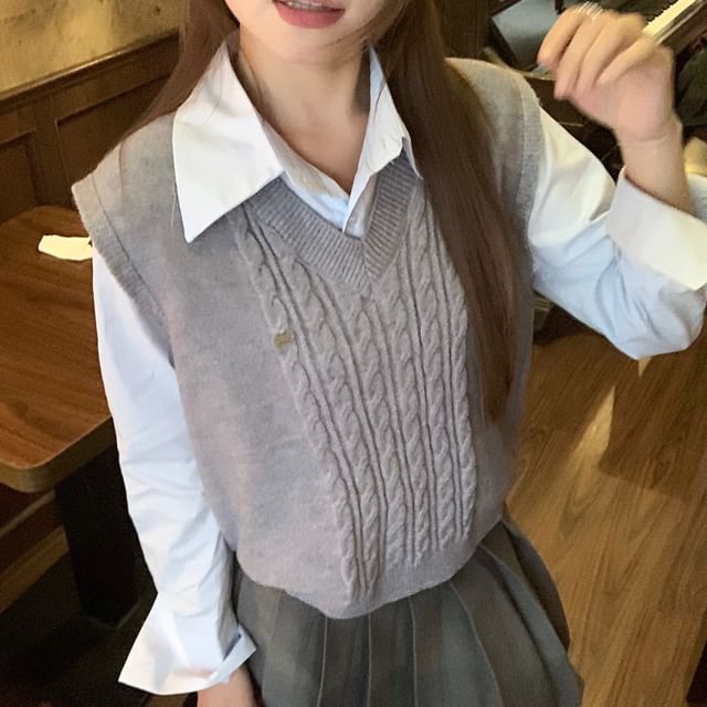 Crew Neck Long-Sleeve Button-Up Shirt with Mini Pleated Skirt & Cable Knit Vest