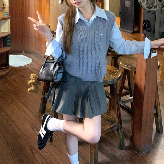 Crew Neck Long-Sleeve Button-Up Shirt with Mini Pleated Skirt & Cable Knit Vest