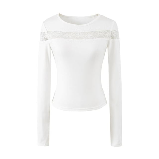 Crewneck Lace Panel Cropped Tee