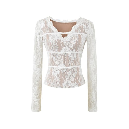 V-Neck Lace Cropped Long Sleeve Top