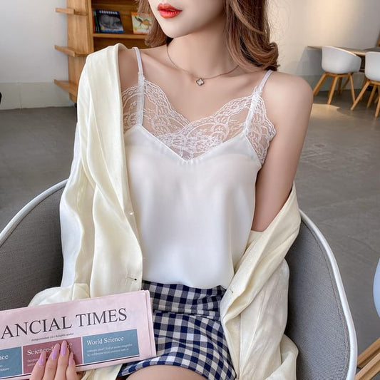 V-Neck Lace Trim Plain Camisole Top