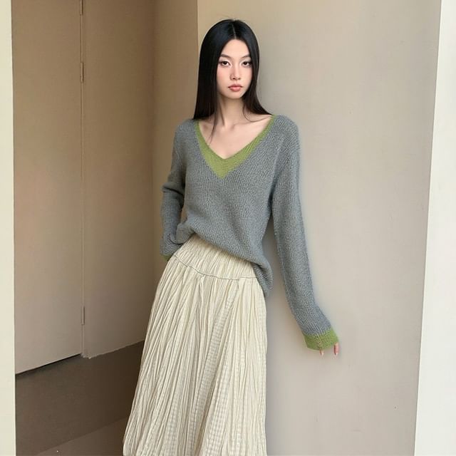 Mock Neck Long-Sleeve Top with High-Waist Plaid A-Line Midi Skirt