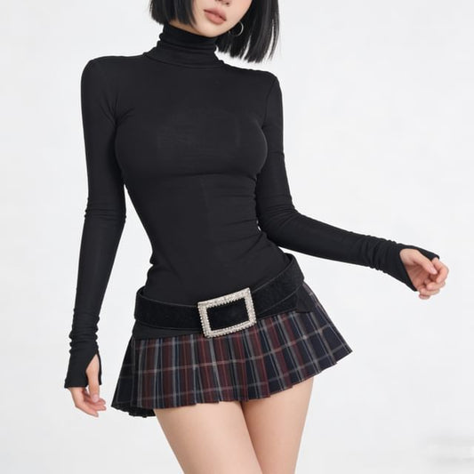 Mock Neck Long-Sleeve T-Shirt with Belt and Tartan Pleated Mini Skirt Set