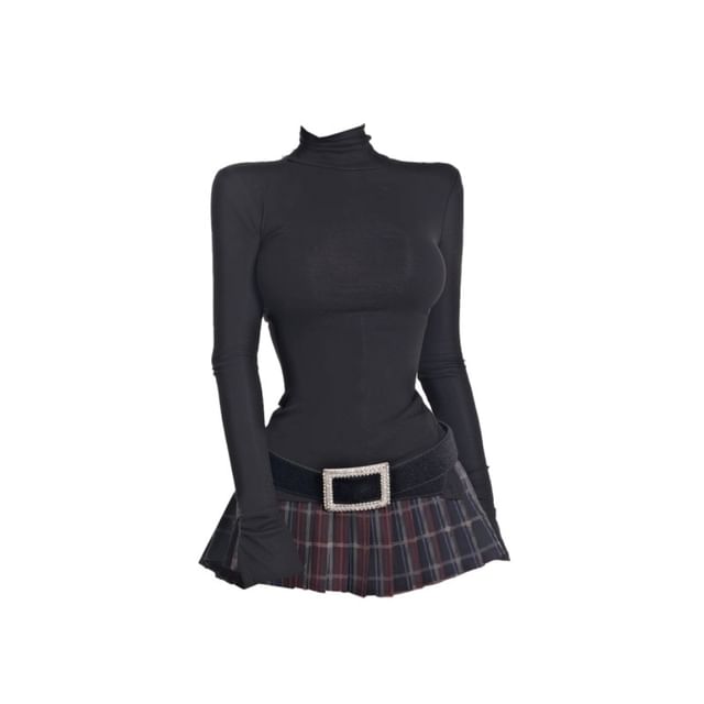 Mock Neck Long-Sleeve T-Shirt with Belt and Tartan Pleated Mini Skirt Set