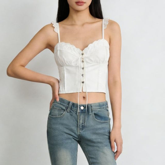 Lace Trim Ruffle Button Detail Camisole