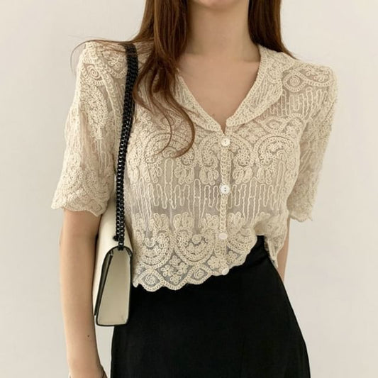 Short Sleeve Button Up Crochet Lace Top