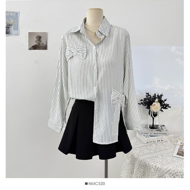 Striped Bow Detail Loose Shirt with Slit