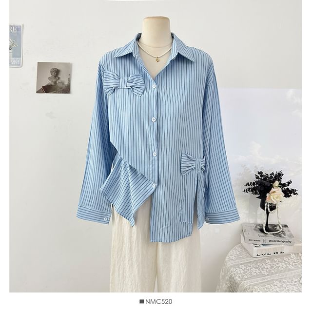 Striped Bow Detail Loose Shirt with Slit
