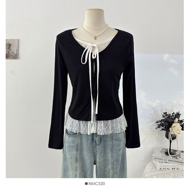Mock Two Piece Lace Panel Tie Front Slim Tee