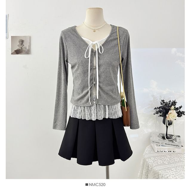 Mock Two Piece Lace Panel Tie Front Slim Tee
