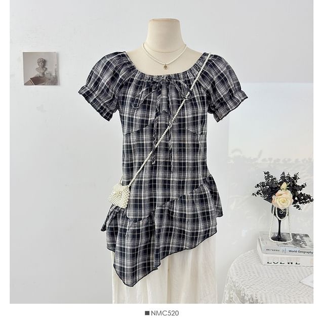 Puff Sleeve Plaid Square Neck Blouse with Asymmetric Hem