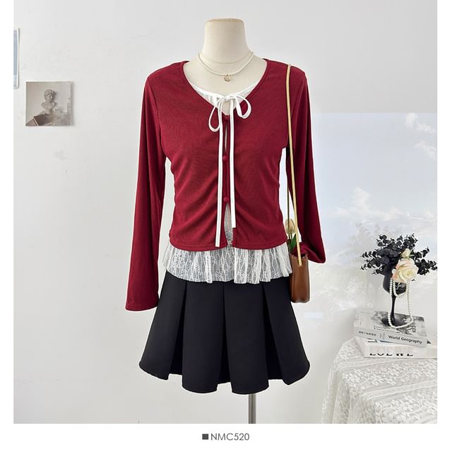 Mock Two Piece Lace Panel Tie Front Slim Tee