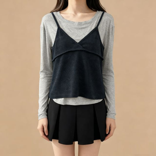 V-Neck Slim Cami & Long Sleeve Tee Set
