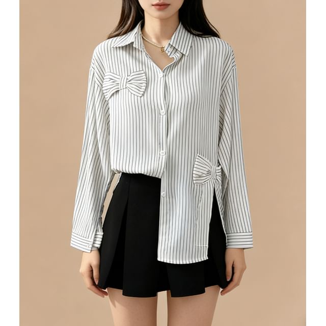Striped Bow Detail Loose Shirt with Slit