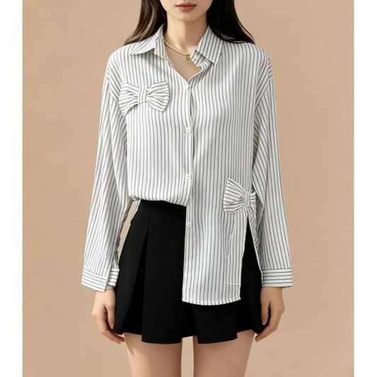 Striped Bow Detail Loose Shirt with Slit