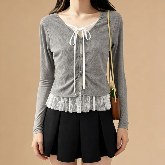 Mock Two Piece Lace Panel Tie Front Slim Tee