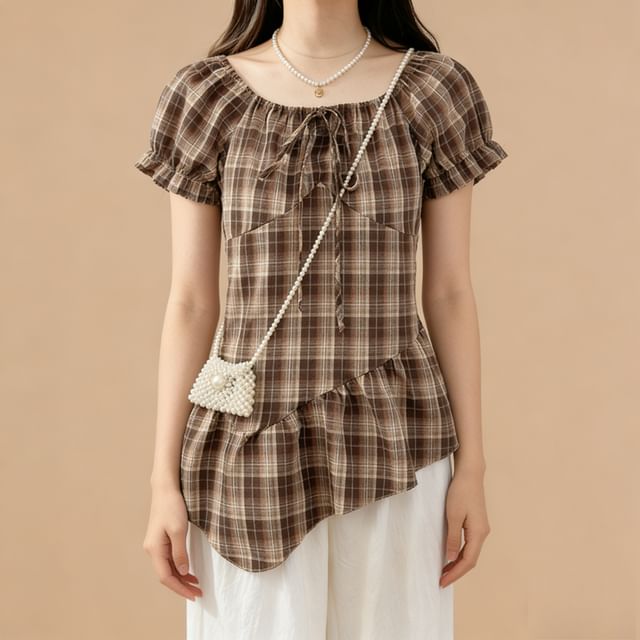 Puff Sleeve Plaid Square Neck Blouse with Asymmetric Hem