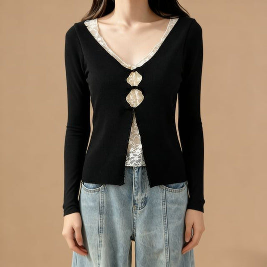 Mock Two Piece V-Neck Lace Panel Slim-Fit Top