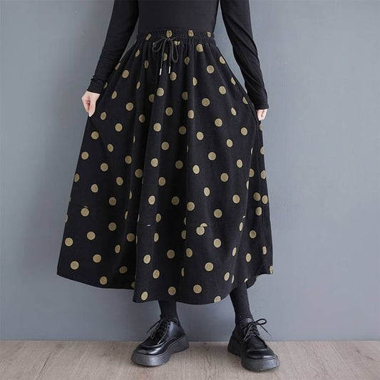 Polka Dot Midi A-Line High-Waisted Skirt