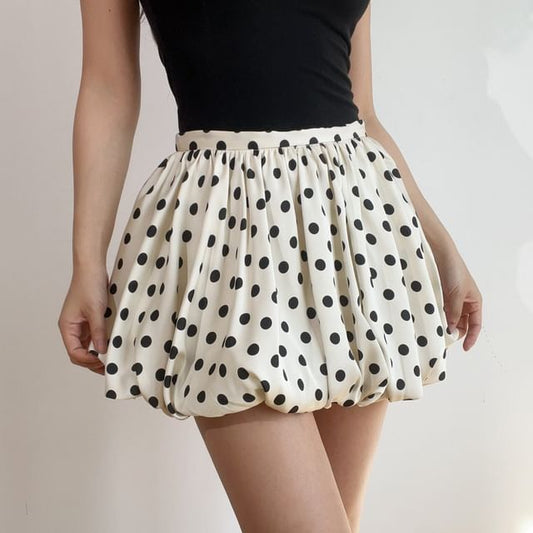 Dotted Mini A-Line Puff High-Waisted Skirt