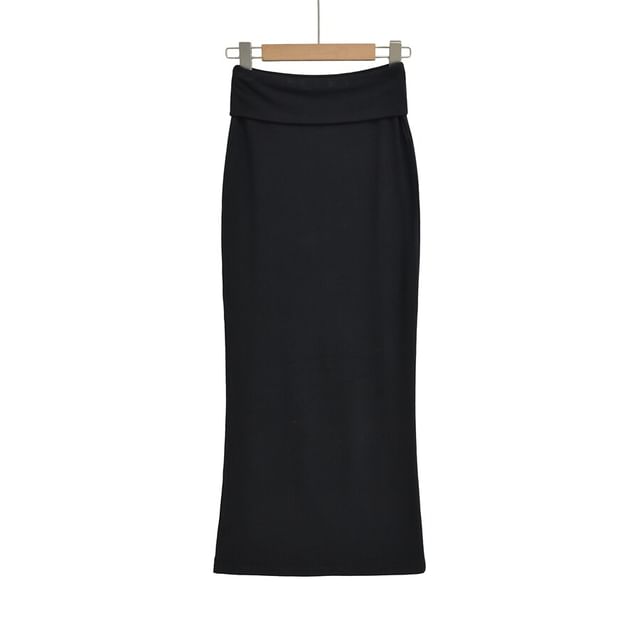 Slit Maxi Pencil Skirt - High-Waisted Plain