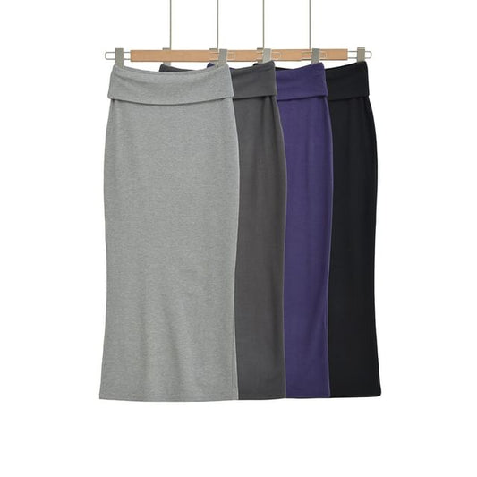 Slit Maxi Pencil Skirt - High-Waisted Plain