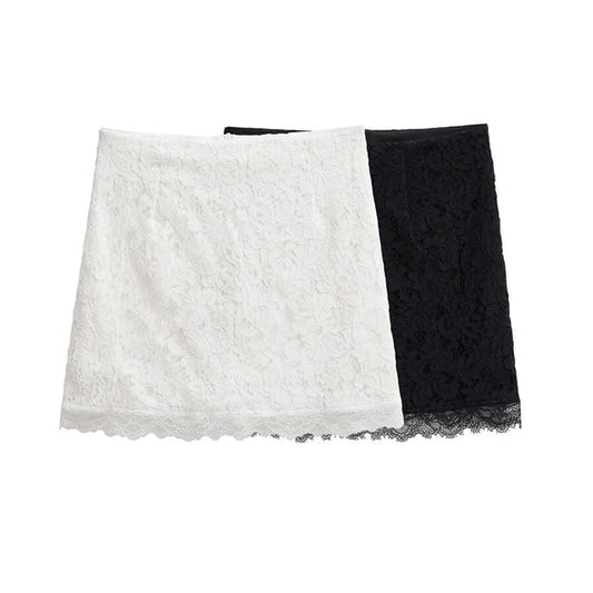 Lace Mini Pencil Skirt - High-Waisted Plain