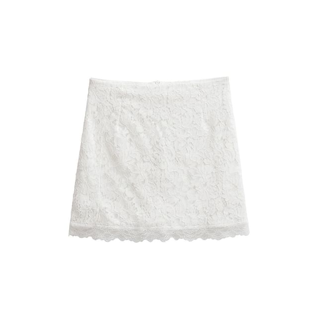 Lace Mini Pencil Skirt - High-Waisted Plain