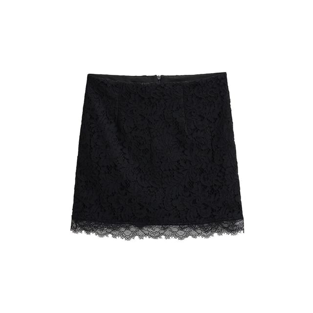 Lace Mini Pencil Skirt - High-Waisted Plain
