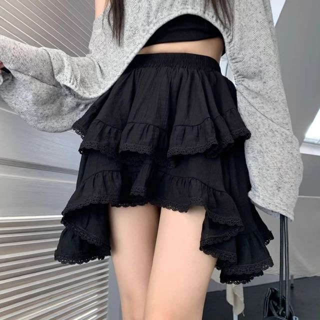 Asymmetric Lace Mini Skirt - High Waist