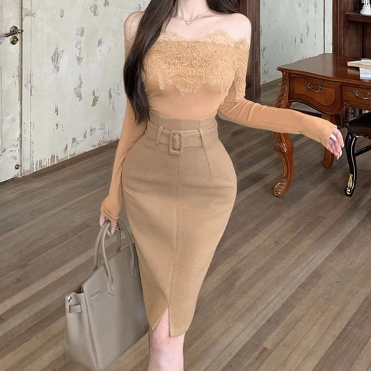 Off-Shoulder Lace Trim Top & Belted Pencil Skirt Set