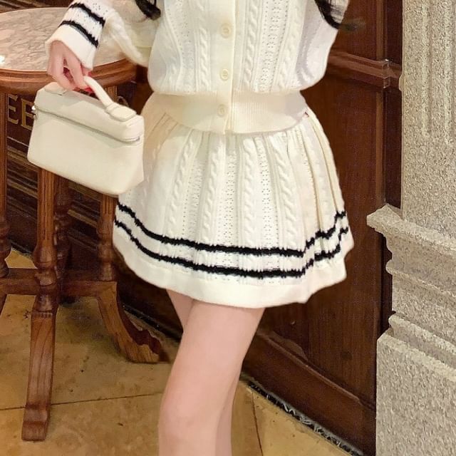 Collared Cable Knit Cardigan & Mini A-Line Skirt Set
