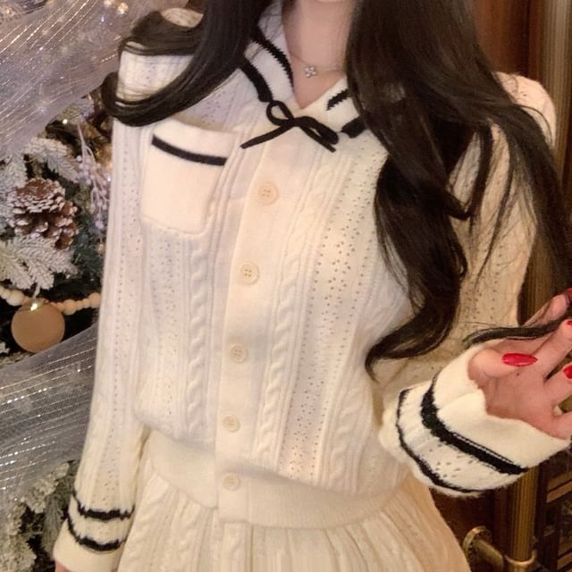 Collared Cable Knit Cardigan & Mini A-Line Skirt Set
