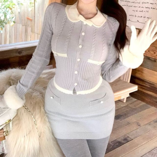 Two-Tone Button-Up Cardigan & Mini Pencil Skirt Set