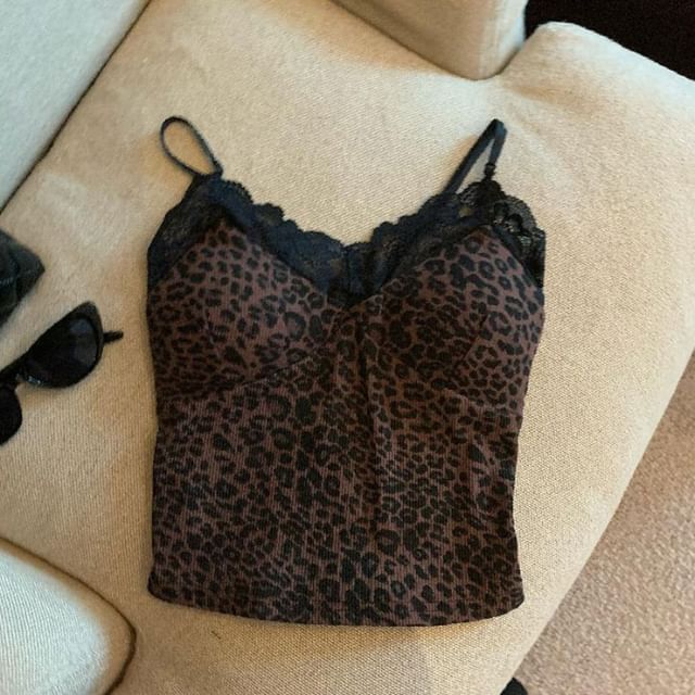 Leopard Print Lace-Trimmed V-Neck Crop Camisole