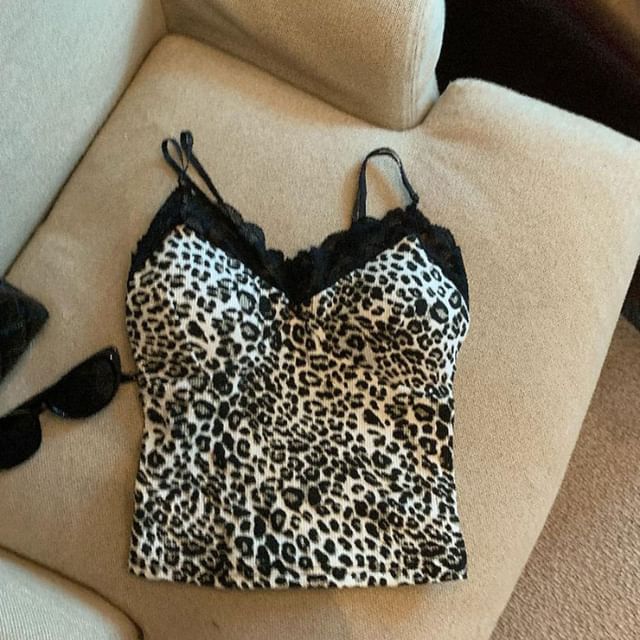 Leopard Print Lace-Trimmed V-Neck Crop Camisole