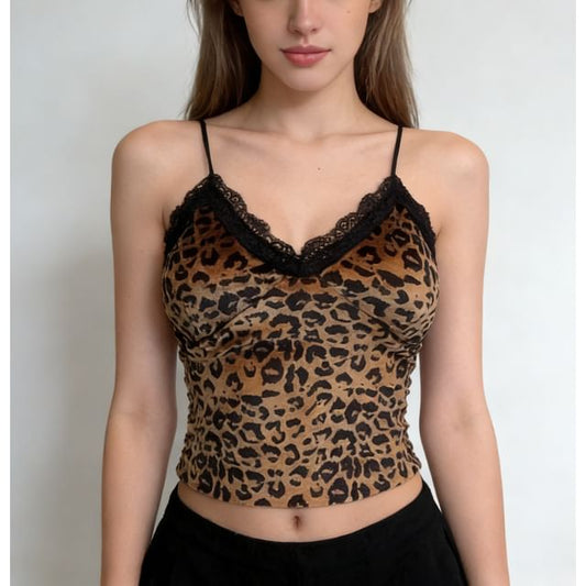 V-Neck Lace Trim Leopard Print Crop Camisole