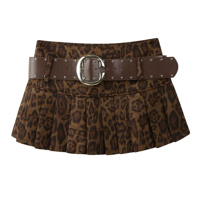 Leopard Print Low Rise Mini Pleated Skirt with Belt Set