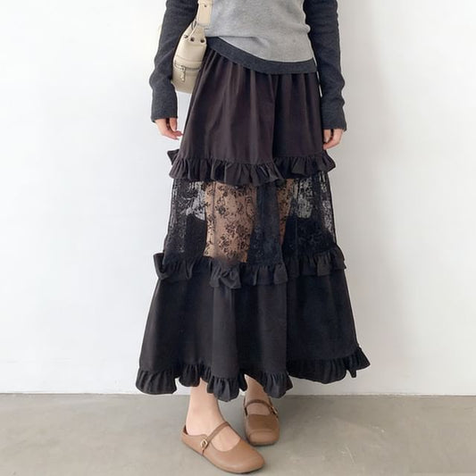 Lace Panel Ruffle Maxi A-Line Skirt - Elastic Waist